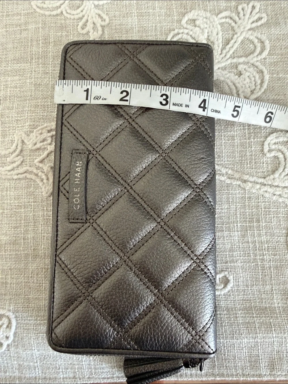 Cole Haan Quilted Metallic Grey Pewter Zip Around Wallet with Tassel Pull